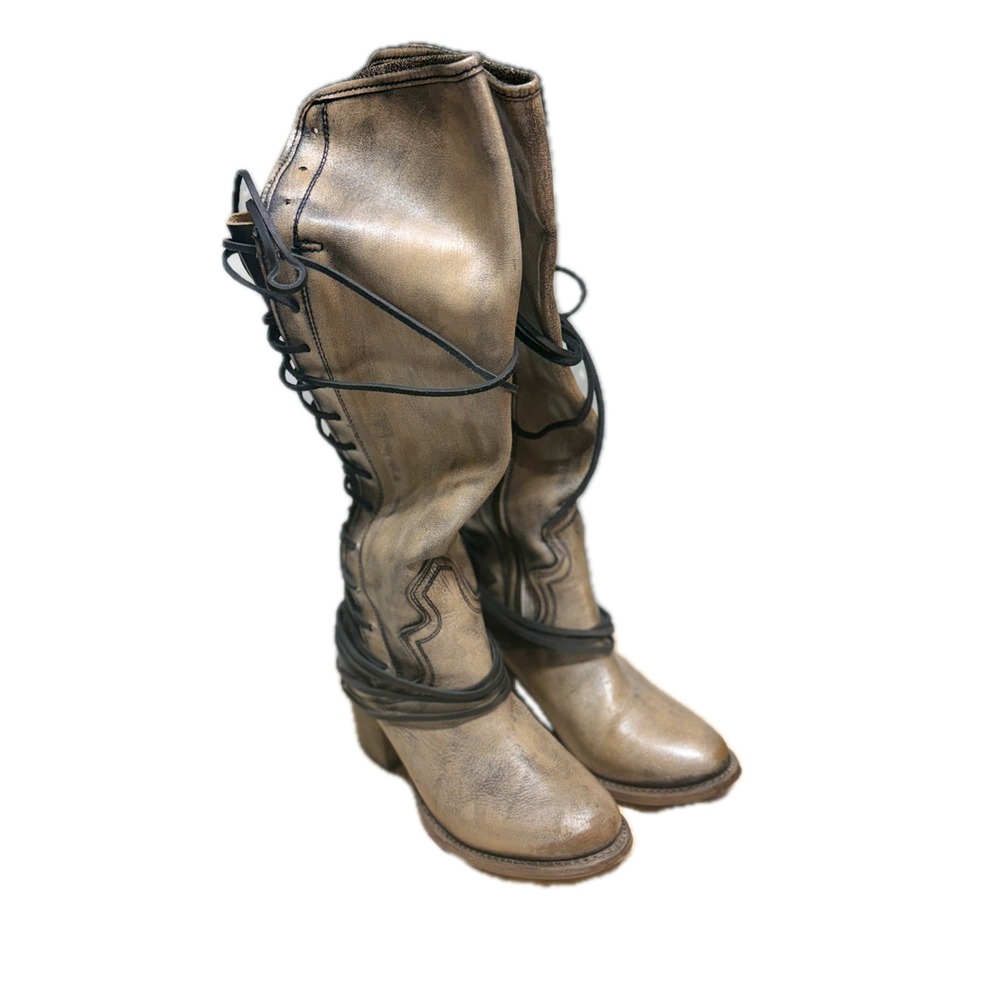 FREEBIRD Coal tall boots women's 9 metallic leather lace up back distressed gold
